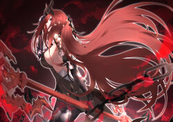 Rule 34 | 1girl, absurdly long hair, absurdres, alternate costume, breasts, highres, holding, holding weapon, horns, long hair, looking at viewer, looking to the side, medium breasts, official alternate costume, punishing: gray raven, red eyes, red hair, sideboob, solo, takashi san, vera: geiravor (hollow crown) (pgr), vera: geiravor (pgr), vera (pgr), very long hair, weapon