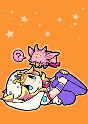 1boy 1other ? blonde_hair blue_eyes chibi chibi_only colored_skin commentary cosplay heart_ornament highres hood hood_up hoodie horseshoe_hat_ornament horseshoe_ornament johnny_joestar johnny_joestar_(cosplay) jojo_no_kimyou_na_bouken lying m_a_a_m_8 male_focus medium_hair on_back orange_background pants pink_skin purple_pants red_sleeves short_sleeves spoken_question_mark stand_(jojo) star_(sky) star_(symbol) star_print starry_sky_background steel_ball_run symbol-only_commentary tusk_(stand) tusk_act1 two-tone_sleeves white_hoodie white_sleeves wristband