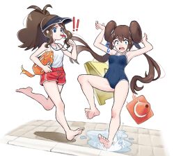 Rule 34 | 2girls, absurdres, alternate costume, armpits, barefoot, blue eyes, breasts, brown hair, buoy, collarbone, covered navel, double bun, flying sweatdrops, full body, green hair, grimmelsdathird, hair bun, hat, high ponytail, highres, hilda (pokemon), holding, holding surfboard, lifeguard, long hair, looking at viewer, multiple girls, nintendo, one-piece swimsuit, open mouth, pokemon, pokemon bw, pokemon bw2, ponytail, puddle, red shorts, rosa (pokemon), running, shirt, shorts, sidelocks, slipping, surfboard, swimsuit, tank top, traffic cone, twintails, visor cap, whistle, whistle around neck, white background, white shirt, white tank top