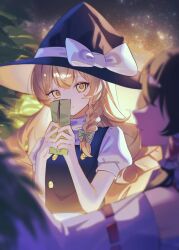 Rule 34 | 2girls, black hat, black vest, blonde hair, blurry, blurry foreground, bow, braid, closed mouth, commentary request, detached sleeves, from side, green bow, hair bow, hakurei reimu, hat, hat bow, hat ribbon, highres, holding, holding tanzaku, kirisame marisa, ko gyoku, long hair, long sleeves, looking at another, marisa day, multiple girls, night, night sky, puffy short sleeves, puffy sleeves, ribbon, shirt, short sleeves, side braid, single braid, sky, smile, star (sky), starry sky, tanabata, tanzaku, touhou, vest, white bow, white ribbon, white shirt, white sleeves, wide sleeves, witch hat, yellow eyes