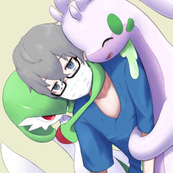 1boy arms_around_neck bob_cut closed_eyes colored_skin doctor_(pokemon) dress gardevoir gen_3_pokemon gen_6_pokemon glasses goodra green_hair green_skin grey_hair hair_over_one_eye highres mask mouth_mask multicolored_skin nintendo pink_eyes pokemon pokemon_(creature) pokemon_swsh purple_skin semi-rimless_eyewear shiroiurushi simple_background two-tone_skin white_dress white_skin