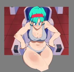 Rule 34 | 1girl, blue eyes, blue hair, breasts, bulma, bulma redraw challenge (meme), chair, cleavage, collarbone, crossed legs, curvy, derivative work, dragon ball, dragonball z, ear piercing, female focus, funnismonkis, grey panties, grey tank top, hairband, highres, large breasts, meme, navel, panties, piercing, screenshot redraw, shiny skin, short hair, sitting, solo, tank top, thick thighs, thighs, thong, underwear, underwear only, wide hips