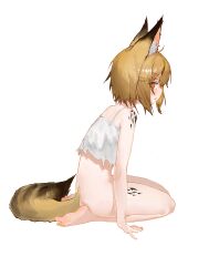 1girl absurdres animal_ear_fluff animal_ears arknights barefoot blonde_hair bottomless bright_pupils camisole chinese_commentary commentary_request crop_top embarrassed feet from_side full_body gu-hsien hair_ornament hairclip highres looking_at_viewer material_growth orange_eyes oripathy_lesion_(arknights) partial_commentary profile short_hair simple_background sitting soles solo spaghetti_strap tail torn_clothes vermeil_(arknights) white_background white_camisole white_pupils yellow_tail
