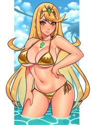 1girl absurdres bare_shoulders bikini blonde_hair blush breasts chest_jewel cleavage core_crystal_(xenoblade) earrings gold_bikini headpiece highres jewelry large_breasts long_hair looking_at_viewer midriff mythra_(xenoblade) navel ravenousruss solo stomach swept_bangs swimsuit tiara very_long_hair xenoblade_chronicles_(series) xenoblade_chronicles_2 yellow_eyes