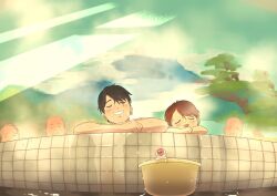 6+boys arms_on_table baby bucket child closed_eyes edosumo_nin family father_and_son gegege_no_kitarou highres kitarou kitarou_tanjou:_gegege_no_nazo medama_oyaji mizuki_(gegege_no_kitarou) multiple_boys old old_man onsen parted_bangs parted_hair short_hair steam tiles topless_male wallpaper_(object)