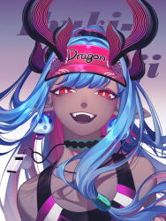 1girl absurdres bare_shoulders black_one-piece_swimsuit blue_hair character_name colored_skin commentary earrings erchongbaojun fangs fate/grand_order fate_(series) grey_skin highres horns ibuki_douji_(fate) ibuki_douji_(swimsuit_berserker)_(fate) ibuki_douji_(swimsuit_berserker)_(first_ascension)_(fate) jewelry looking_at_viewer multicolored_hair one-piece_swimsuit open_mouth pink_hair pointy_ears ponytail red_eyes smile solo swimsuit teeth two-tone_hair upper_teeth_only whistle