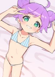1girl ahoge armpits bare_arms bare_shoulders bed_sheet bikini blue_bikini blue_eyes collarbone commentary_request double_bun flat_chest grin hair_bun hands_up loli looking_at_viewer lying manaka_laala manaka_laala_(normal) navel on_back pretty_series pripara purple_hair ren-da-min short_hair smile solo stomach striped_bikini striped_clothes swept_bangs swimsuit v