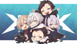 1girl 4boys animal_ear_headphones animal_ears apex_legends black_dress black_eyes black_footwear black_hair black_hoodie blue_eyes cat_ear_headphones chibi collared_shirt crylixblooom double_v dress euriece facial_hair fake_animal_ears fangs grey_shirt hair_behind_ear headphones heterochromia high_heels hood hoodie ksgk long_hair lying multiple_boys neck_ribbon on_stomach open_mouth original red_ribbon reignite restya ribbon rpr ruuna_(araiguma566) scarz shirt short_hair silver_hair smile stubble tempplex torrent_(esports) v v-shaped_eyebrows