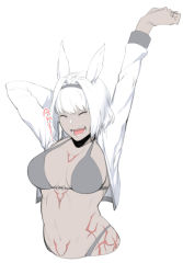1girl animal_ears arms_up bikini breasts caenis_(fate) chest_tattoo commentary_request dark-skinned_female dark_skin dyun closed_eyes fate/grand_order fate_(series) headband jacket large_breasts long_sleeves navel open_mouth short_hair simple_background solo stomach_tattoo stretching swimsuit tattoo teeth tongue upper_body white_background white_hair yawning