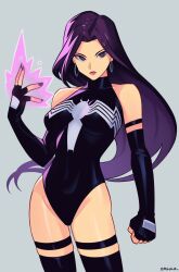 1girl absurdres artist_name black_leotard black_thighhighs breasts cosplay cowboy_shot earrings elbow_gloves energy_sword fingerless_gloves gloves grey_background highleg highleg_leotard highres jewelry large_breasts leotard long_hair looking_at_viewer marvel psylocke purple_eyes purple_hair sash smgold solo sword thighhighs venom_(marvel) venom_(marvel)_(cosplay) weapon x-men