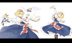 2girls alice_margatroid apron arm_up ascot blonde_hair blue_dress blue_eyes blush book boots bow brown_footwear capelet closed_eyes commentary crt599 doll dress english_commentary expressionless feet_out_of_frame flying_sweatdrops frilled_capelet frilled_dress frilled_hairband frilled_sash frills from_side furrowed_brow grimoire_of_alice hair_bow hairband highres holding holding_book holding_polearm holding_weapon jewelry lance letterboxed lolita_hairband looking_to_the_side medium_hair motion_lines multiple_girls multiple_views open_mouth outstretched_arm polearm puppet_rings red_ascot red_bow red_hairband red_sash red_wrist_cuffs ring sash shanghai_doll standing touhou waist_apron weapon white_capelet wrist_cuffs