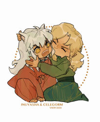 2020 2boys animal_ears blonde_hair braid celegorm character_name chibi claws closed_eyes closed_mouth dated dog_ears elf english_text eyebrows eyebrows_hidden_by_hair grey_hair hug inuyasha inuyasha_(character) long_hair male_focus multiple_boys open_mouth pointy_ears prince sharp_teeth simple_background sitting teeth the_silmarillion tolkien&#039;s_legendarium upper_teeth_only viery white_background yellow_eyes