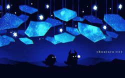 blue_theme character_name flower glowing highres holding holding_flower horns hoshikui looking_at_another night night_sky no_humans original shoutarou_(shoutarotttt) sky star_(sky) star_(symbol) starry_sky