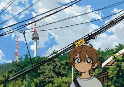 1girl black_eyes blue_sky bright_pupils brown_hair closed_mouth cloud cloudy_sky day hair_between_eyes looking_at_viewer original outdoors portrait power_lines shirt short_hair sihyun25 sky solo tree white_pupils white_shirt
