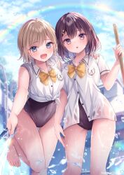 2girls black_hair blonde_hair blue_eyes blue_sky blush bow bowtie breasts brown_hair cloud cloudy_sky collarbone covered_navel hair_ornament holding holding_mop looking_at_viewer mop multiple_girls nemuri_nemu open_mouth original outdoors purple_eyes rainbow school_swimsuit school_uniform shirt short_hair short_sleeves sky smile swimsuit swimsuit_under_clothes tied_shirt water water_drop white_shirt yellow_bow