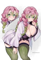Rule 34 | 1girl, absurdres, blush, braid, breasts, cleavage, closed mouth, demon slayer uniform, green eyes, green hair, green thighhighs, haori, harutoyumaarts, highres, japanese clothes, kanroji mitsuri, kimetsu no yaiba, large breasts, lips, mole, mole under each eye, mole under eye, multicolored hair, multiple braids, multiple moles, multiple views, pink hair, simple background, thighhighs, thighs, two-tone hair, white background, white haori, zettai ryouiki