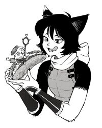 2girls animal_ears arm_guards armor body_fur capelet cat_ears cat_girl chibi cropped_torso dungeon_meshi elf fangs fingernails fleeing food food_on_hair food_on_head gaman_hada greyscale heart highres holding holding_food holding_staff hood hood_down hooded_capelet in_food izutsumi korean_commentary leather_armor licking_lips long_hair long_sleeves looking_at_food marcille_donato mini_person minigirl monochrome multiple_girls object_on_head open_mouth outstretched_arm pointy_ears sandwich scared scarf sharp_fingernails short_hair simple_background size_difference sleeveless staff tongue tongue_out upper_body