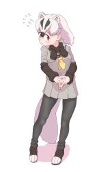 1girl badger_ears badger_girl badger_tail black_hair black_pantyhose black_shoes black_socks black_sweater blush bow brown_eyes extra_ears flying_sweatdrops footwear_bow grey_skirt grey_sweater hair_between_eyes highres japanese_badger_(kemono_friends) kemono_friends multicolored_hair multicolored_shoes neckerchief pantyhose pleated_skirt sailor_collar shoes short_hair skirt sneakers socks solo sweater sweater_around_neck two-tone_hair two-tone_shoes two-tone_sweater un_u_334211 white_hair white_shoes yellow_neckerchief