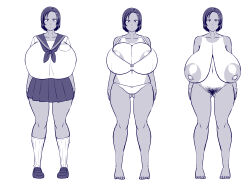1girl aki_(amazon) amazon_(taitaitaira) bra breasts completely_nude freckles full_body gigantic_breasts hair_ornament huge_areolae huge_nipples large_nipples looking_at_viewer monochrome nude original panties pubic_hair ribbon saggy_breasts sailor_collar sailor_uniform short_hair simple_background skirt standing swimsuit_tan tagme tan tanline underwear white_background
