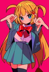 1girl ahoge blonde_hair blue_jacket collared_shirt cowboy_shot double_v gyaru gyaru_v hair_ornament hairpin jacket long_hair looking_at_viewer neck_ribbon open_clothes open_jacket original pink_background pleated_skirt ribbon sanamaru_(sana79261827) school_uniform shirt simple_background skirt solo v white_shirt