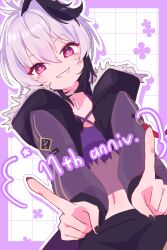 Rule 34 | 1girl, absurdres, alternate costume, birthday, black hair, border, cropped, detached sleeves, flower (vocaloid), flower (vocaloid4), grin, highres, index finger raised, kisalaundry, long sleeves, looking at viewer, multicolored hair, purple border, purple eyes, smile, solo, streaked hair, two-tone hair, vocaloid, white border, white hair