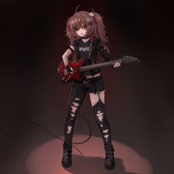 1girl ahoge belt belt_buckle black_background black_belt black_collar black_jacket black_jeans black_lips black_nail_polish black_shirt black_shoes brown_hair buckle chain choker collar denim ear_piercing electric_guitar evil_neuro-sama eyebrow_piercing fang fingerless_gloves fishnet_gloves fishnets full_body gloves gradient_background guitar hair_ornament hairclip heart heart_hair_ornament indie_virtual_youtuber instrument jacket jeans long_hair messy mouth_piercing music neuro-sama open_mouth pants piercing playing_instrument plectrum red_ribbon ribbon ritspi shirt shoes skull_hair_ornament solo spiked_choker spiked_collar spikes stage_lights standing studded_gloves studded_jacket sweat t-shirt teeth torn_clothes torn_jeans torn_pants two_side_up