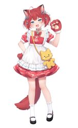 Rule 34 | 1girl, :3, ahoge, akami karubi, amashiro natsuki, animal ears, animal hands, apron, bag, black hair, black shoes, blue eyes, blue ribbon, blush, breasts, cat ears, cat hair ornament, cat tail, choker, collar, commentary request, dot nose, dress, fangs, frilled apron, frilled skirt, frilled socks, frills, full body, gloves, hair ornament, hair ribbon, hand on own hip, hand up, handbag, heart, heart-shaped ornament, heart hair ornament, heart o-ring, heart ring choker, highres, indie virtual youtuber, knees, mary janes, metal collar, multicolored eyes, multicolored hair, o-ring, o-ring choker, open mouth, pale skin, paw gloves, pleated skirt, red dress, red fur, red hair, red ribbon, ribbon, shoes, short sleeves, simple background, skirt, small breasts, socks, solo, tail, thick eyelashes, twintails, two side up, virtual youtuber, whiskers, white apron, white background, white hair, white socks, yellow eyes