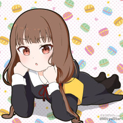 1girl armband black_dress black_pantyhose blush brown_eyes brown_hair collared_dress commentary_request dress english_text full_body hands_up heart highres iino_miko kaguya-sama_wa_kokurasetai_~tensai-tachi_no_renai_zunousen~ long_hair looking_at_viewer low_twintails lying mitya neck_ribbon no_shoes on_stomach pantyhose parted_lips polka_dot polka_dot_background red_ribbon ribbon solo star_(symbol) twintails twitter_username very_long_hair watermark white_background