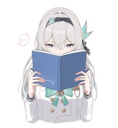 1girl absurdres black_hairband blue_pupils book bow bowtie buttons commentary cropped_torso double-breasted firefly_(honkai:_star_rail) firefly_(spring_missive)_(honkai:_star_rail) green_bow green_bowtie grey_hair hairband highres holding holding_book honkai:_star_rail honkai_(series) long_hair long_sleeves looking_at_viewer nicel official_alternate_costume plaid_bow plaid_bowtie plaid_clothes purple_eyes sailor_collar school_uniform simple_background solo spoken_blush upside-down_book white_background