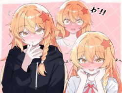 1girl azusa_(cookie) black_hoodie blonde_hair blush braid closed_mouth collared_shirt commentary_request cookie_(touhou) hair_between_eyes hat_ornament highres hood hood_down hoodie kirisame_marisa long_hair multiple_views neck_ribbon nose_blush pink_background red_ribbon red_star ribbon shirt side_braid sihat_13 single_braid smile star_(symbol) star_hat_ornament touhou upper_body white_shirt yellow_eyes