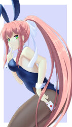1girl animal_ears bow breasts brown_hair doki_doki_literature_club el_(el406) green_eyes hair_bow highres leotard long_hair looking_at_viewer medium_breasts monika_(doki_doki_literature_club) pantyhose playboy_bunny ponytail rabbit_ears smile solo wrist_cuffs
