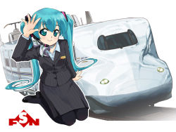 Rule 34 | 1girl, aqua eyes, aqua hair, black pantyhose, female focus, hatsune miku, headphones, headset, high-speed train, long hair, pantyhose, pencil skirt, shoes, sitting, skirt, smile, solo, striped, tessai, train, train attendant, travel attendant, twintails, uniform, vocaloid