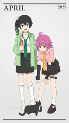 2025 2girls :d absurdres ahoge alternate_hairstyle april black_cat black_gloves black_skirt blunt_bangs blunt_sidelocks brown_shoes cat coat collarbone collared_coat collared_shirt commentary_request diagonal-striped_clothes diagonal-striped_necktie elbow_gloves fingerless_gloves full_body gloves gradient_hair green_coat green_eyes green_hair green_necktie grey_sandals hair_intakes highres holding kishimen_hair kneehighs laofuzi_dai_bansho leaning_forward looking_at_animal love_live! love_live!_nijigasaki_high_school_idol_club midriff miniskirt multicolored_hair multiple_girls necktie open_clothes open_coat open_mouth parted_lips pink_shirt pleated_skirt sandals shirt shoes short_sleeves side_ponytail sidelocks skirt smile socks standing striped_clothes takasaki_yu tank_top tennoji_rina velcro_footwear white_socks white_tank_top yellow_eyes yellow_necktie