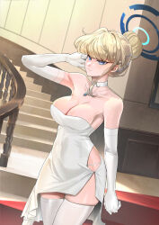 Rule 34 | 1girl, blonde hair, blue archive, blue eyes, blue hair, blue halo, blunt bangs, breasts, choker, cleavage, collarbone, covered navel, dress, elbow gloves, gloves, hair bun, halo, highres, jewelry, looking at viewer, medium breasts, multicolored hair, necklace, s87074877, single sidelock, skindentation, solo, streaked hair, thighhighs, thighs, toki (blue archive), white choker, white dress, white gloves, white thighhighs
