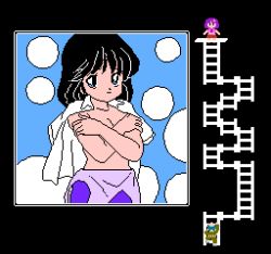 Rule 34 | 1boy, 2girls, black background, black hair, blue background, blue eyes, blue footwear, blue hair, breasts, bubble background, climbing ladder, covering privates, covering breasts, flower, green pants, green shirt, hair flower, hair ornament, jacket, ladder, long sleeves, looking at viewer, lowres, medium breasts, mimi (sailor fuku bishoujo zukan), multiple girls, open clothes, open shirt, pants, pink jacket, pixel art, purple hair, purple shirt, purple skirt, purple vest, red skirt, sailor fuku bishoujo zukan, sailor fuku bishoujo zukan vol. 6, school uniform, shirt, shoes, short hair, short sleeves, skirt, sleeveless, sleeveless jacket, smile, two-tone background, vest, white background, white shirt