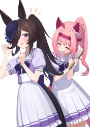 Rule 34 | 2girls, :d, ^ ^, absurdres, animal ears, blue hat, blush, bow, bowtie, brown hair, closed eyes, comb, commentary request, cowboy shot, ear bow, ear covers, freely2327, frilled skirt, frills, hair over one eye, haru urara (umamusume), hat, headband, highres, holding, holding comb, horse ears, horse girl, horse tail, long hair, multiple girls, open mouth, pink hair, pink headband, pleated skirt, ponytail, purple bow, purple bowtie, purple shirt, rice shower (umamusume), sailor collar, school uniform, shirt, short sleeves, simple background, skirt, smile, summer uniform, tail, tracen school uniform, umamusume, white background, white bow, white sailor collar, white skirt