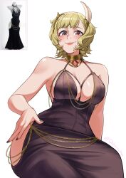 1girl absurdres alternate_costume blonde_hair breasts brown_dress citrinne_(fire_emblem) cleavage deliciousbrain dress earrings feather_hair_ornament feathers fire_emblem fire_emblem_engage gold_choker hair_ornament highres hoop_earrings jewelry large_breasts meme_attire mismatched_earrings modakawa_dress nintendo red_eyes wing_hair_ornament