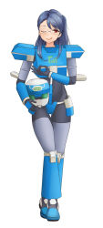 Rule 34 | 1girl, ;p, armor, artist request, black bodysuit, black gloves, blue armor, blue boots, blue hair, blue helmet, bodysuit, boots, breasts, closed mouth, girlfriend (kari), gloves, helmet, indoors, kaito mitsuko, large breasts, one eye closed, red eyes, solo, tagme, tongue, tongue out, unworn headwear, unworn helmet