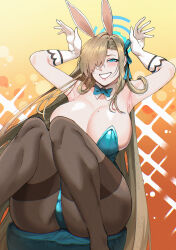 1girl absurdres animal_ears armpits asuna_(blue_archive) asuna_(bunny)_(blue_archive) blonde_hair blue_archive blue_bow blue_bowtie blue_eyes blue_halo blue_leotard blue_ribbon blush bow bowtie breasts changecolor cleavage detached_collar fake_animal_ears gloves hair_over_one_eye hair_ribbon halo highres large_breasts leotard long_hair mole mole_on_breast pantyhose playboy_bunny rabbit_ears rabbit_pose ribbon sitting smile solo strapless strapless_leotard thighband_pantyhose thighs very_long_hair white_gloves