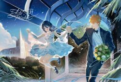 1boy 1girl ^_^ bare_shoulders black_hair black_pants black_vest bleach bouquet bride closed_eyes collared_shirt dress flower groom hair_between_eyes highres holding holding_bouquet holding_hands jumping kneehighs kuchiki_rukia kurosaki_ichigo orange_eyes orange_hair outdoors pants shirt short_hair smile socks spiked_hair takenokoqvq vest wedding_dress white_dress white_shirt