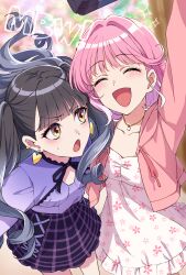 Rule 34 | 2girls, absurdres, akagi yuina, black hair, closed eyes, colorful background, commentary request, copyright name, dress, ear piercing, earrings, floral print, floral print dress, heart, heart earrings, highres, hood, hooded jacket, jacket, jewelry, looking at another, maebashi witches, multiple girls, necklace, niisato azu, open clothes, open jacket, open mouth, piercing, pink hair, pink jacket, plaid clothes, plaid skirt, print dress, purple shirt, selfie, shirt, skirt, smile, somechime (sometime1209), sparkle, sparkling aura, twintails, yellow eyes