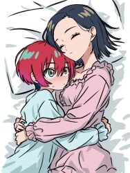 Rule 34 | 2girls, amate yuzuriha, black hair, blue dress, blue eyes, blush, closed eyes, closed mouth, commentary request, comoli harcourt, cuddling, dress, gundam, gundam gquuuuuux, highres, hug, kousuke0912, long sleeves, mole, mole under eye, multiple girls, on bed, pajamas, pillow, pink dress, red hair, short hair, yuri