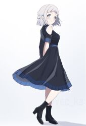 Rule 34 | 1girl, absurdres, arms behind back, asymmetrical sleeves, belt, black boots, black dress, blue belt, blue eyes, blue ribbon, boots, braid, breasts, clothing cutout, dress, full body, gakuen idolmaster, grey hair, hair ribbon, half up braid, high heel boots, high heels, highres, idolmaster, katsuragi lilja, long sleeves, looking at viewer, medium breasts, open mouth, ribbon, ribbon braid, short hair, short sleeves, shoulder cutout, simple background, solo, standing, vec ka, white background