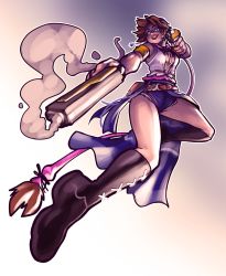 00s 1girl armlet belt black_shorts blue_eyes boots breasts brown_hair cutoffs dual_wielding female_focus final_fantasy final_fantasy_x final_fantasy_x-2 foreshortening grin gun handgun holding jewelry knee_boots pistol sarong scarf short_hair shorts sideboob smile smoke smoking_barrel solo voodoothur weapon yuna yuna_(ff10)