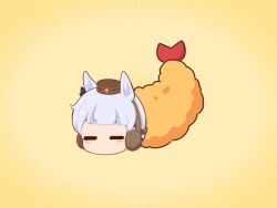 1girl animal_ears blush_stickers bow brown_background brown_hat chibi closed_eyes ear_bow ear_covers facing_viewer food gold_ship_(umamusume) gomashio_(goma_feet) grey_hair hat horse_ears in_food mini_hat mini_person minigirl purple_bow shrimp shrimp_tempura simple_background solo tempura umamusume