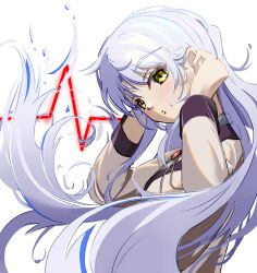 1girl adjusting_hair angel_beats! arms_up blush closed_mouth commentary_request expressionless eyelashes floating_hair from_side hair_between_eyes highres jacket long_hair long_sleeves looking_at_viewer school_uniform sidelocks simple_background solo tanishi_(hetianming11093) tenshi_(angel_beats!) upper_body very_long_hair white_background white_hair yellow_eyes yellow_jacket