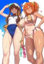 Rule 34 | 2girls, absurdres, beach, bikini, blue sky, breasts, brown eyes, brown hair, celeb summer experience!, cloud, commentary, condom, condom belt, condom packet strip, condom wrapper, covered erect nipples, ebora, english commentary, fate/grand order, fate (series), from below, fujimaru ritsuka (female), fujimaru ritsuka (female) (brilliant summer), hair ornament, hair scrunchie, hand on headwear, highleg, highleg one-piece swimsuit, highres, holding, holding condom, kishinami hakuno (female), large breasts, licking lips, long hair, multicolored swimsuit, multiple girls, navel, official alternate costume, one-piece swimsuit, one-piece tan, one side up, orange bikini, orange hair, outdoors, ponytail, scrunchie, sideboob, sky, small breasts, stomach, striped bikini, striped clothes, swimsuit, tan, tanline, thighs, tongue, tongue out, used condom, visor cap, white one-piece swimsuit