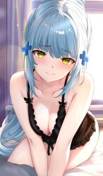 1girl absurdres babydoll bare_shoulders black_babydoll blue_hair blush breasts cleavage cross girls&#039;_frontline girls&#039;_frontline_2:_exilium green_eyes hair_ornament hairclip highres hk416_(girls&#039;_frontline) indoors iron_cross klukai_(girls&#039;_frontline_2) leaning_forward long_hair medium_breasts on_bed ponytail shde_odeenz sitting smile solo thighs v_arms very_long_hair