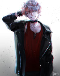 1boy black_choker black_jacket bracelet choker chromatic_aberration collarbone commentary dndk5656 gradient_background grey_hair grin hand_on_own_head jacket jewelry leather leather_jacket long_sleeves looking_at_viewer male_focus pectoral_cleavage pectorals red_shirt shirt signature smile spiked_bracelet spikes susanghan_messenger symbol-only_commentary tank_top unknown_(susanghan_messenger) white_background