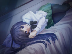 Rule 34 | 1girl, artist request, black bow, black bowtie, black hair, black pantyhose, bow, bowtie, brown footwear, burn scar, closed mouth, crying, crying with eyes open, game cg, green skirt, ikezawa hanako, katawa shoujo, long hair, lying, non-web source, official art, on bed, on side, pantyhose, pillow, purple eyes, scar, scar on face, scar on hand, school uniform, shirt, skirt, solo, tears, white shirt, yamaku high school uniform